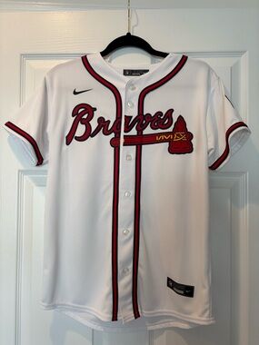 Nike White Braves Button-Front Jersey with Red & Navy Trim